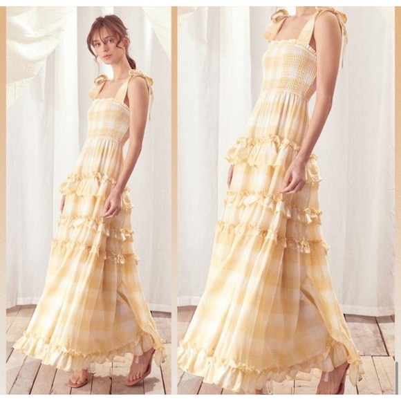 Storia Sunny Days Tiered Layered Plaid Ruffle Smocked Maxi Dress NWT Sz M - Picture 5 of 7